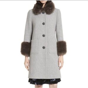 Kate Spade star bright coat with faux fur collar and muff. Jeweled buttons